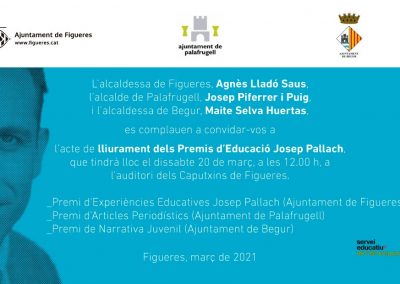 LLIURAMENT DELS PREMIS D’EDUCACIÓ JOSEP PALLACH. Auditori dels Caputxins de Figueres 20 de març 2021